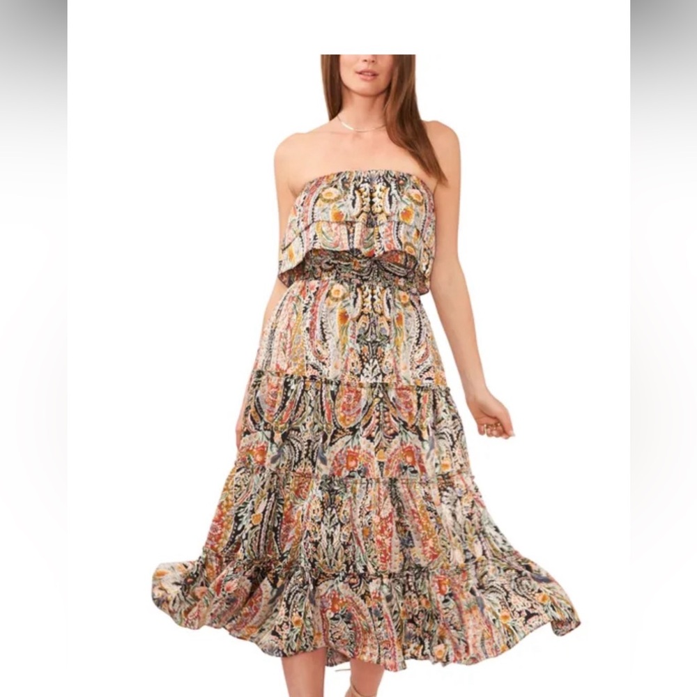 1.STATE Paisley Multicolor Midi Strapless Dress